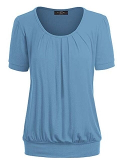 Women's Scoop Neck Short Sleeve Front Pleated Blouse Tunic top S-3XL Plus Size Made in U.S.A.