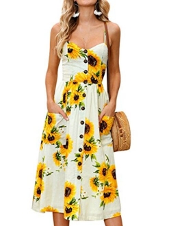 Women Summer Casual Dresses Floral Swing Midi Beach Dresses Striped Strap