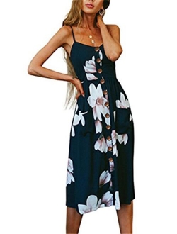 Women Summer Casual Dresses Floral Swing Midi Beach Dresses Striped Strap