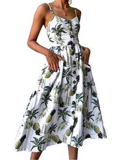 Women Summer Casual Dresses Floral Swing Midi Beach Dresses Striped Strap