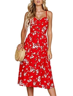 Women Summer Casual Dresses Floral Swing Midi Beach Dresses Striped Strap