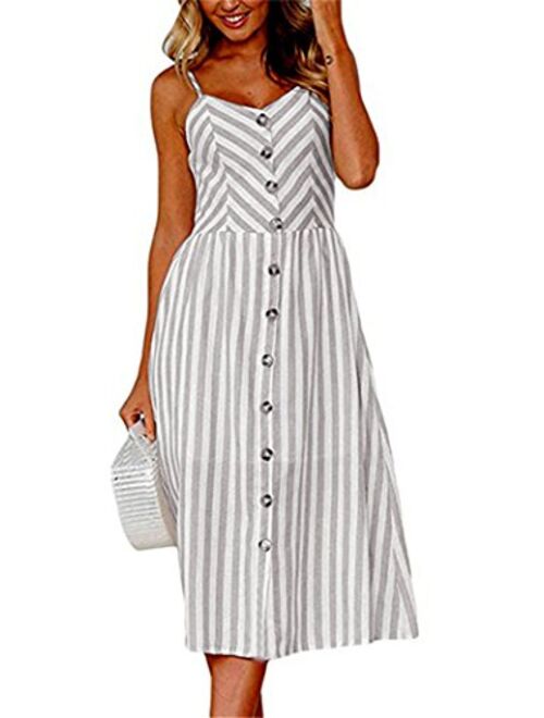 Women Summer Casual Dresses Floral Swing Midi Beach Dresses Striped Strap