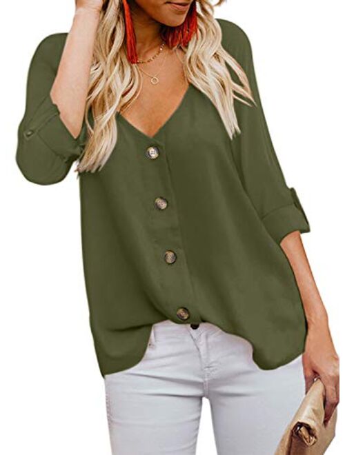 BLENCOT Women's Button Down V Neck Long Sleeve Shirts Tops Casual Loose Blouses