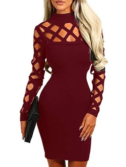 AMiERY Women's Hollow Out Dress Bandage Clubwear Long Sleeve Bodycon Dresses