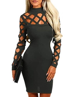 AMiERY Women's Hollow Out Dress Bandage Clubwear Long Sleeve Bodycon Dresses