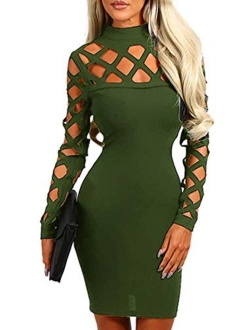 AMiERY Women's Hollow Out Dress Bandage Clubwear Long Sleeve Bodycon Dresses