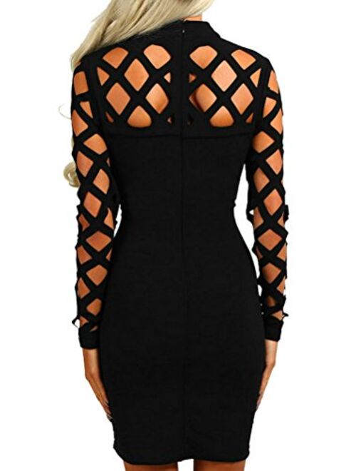 AMiERY Women's Hollow Out Dress Bandage Clubwear Long Sleeve Bodycon Dresses