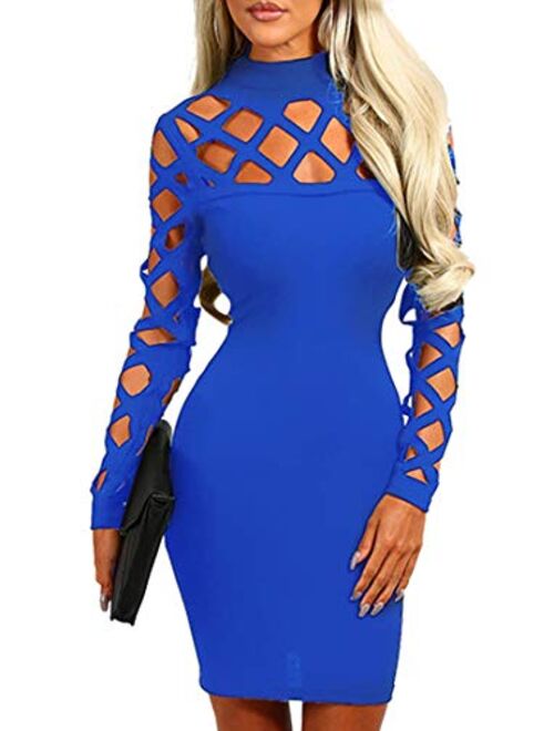 AMiERY Women's Hollow Out Dress Bandage Clubwear Long Sleeve Bodycon Dresses