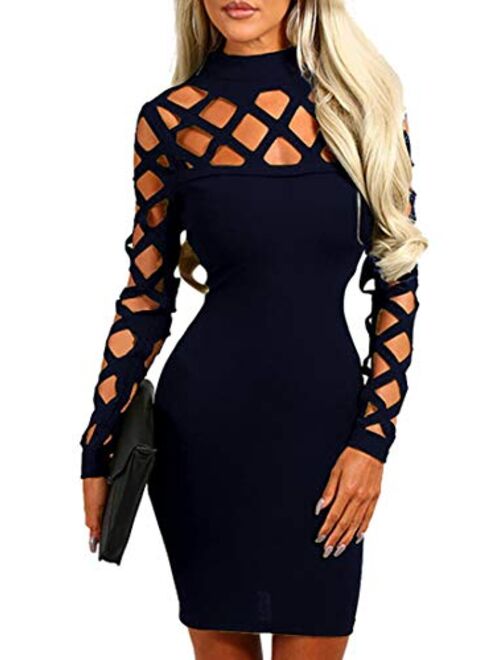 AMiERY Women's Hollow Out Dress Bandage Clubwear Long Sleeve Bodycon Dresses