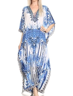 Sakkas Georgettina Flowy Rhinestone V Neck Long Caftan Dress/Cover Up