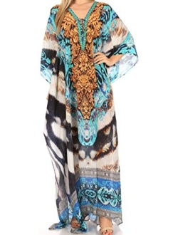 Sakkas Georgettina Flowy Rhinestone V Neck Long Caftan Dress/Cover Up