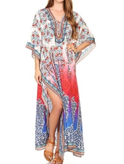 Sakkas Georgettina Flowy Rhinestone V Neck Long Caftan Dress/Cover Up