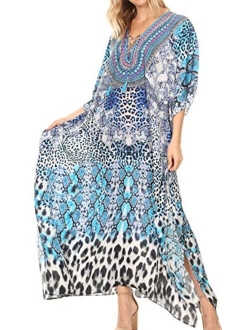 Sakkas Georgettina Flowy Rhinestone V Neck Long Caftan Dress/Cover Up