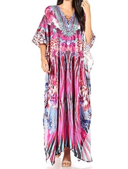 Sakkas Georgettina Flowy Rhinestone V Neck Long Caftan Dress/Cover Up