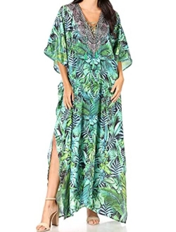 Sakkas Georgettina Flowy Rhinestone V Neck Long Caftan Dress/Cover Up