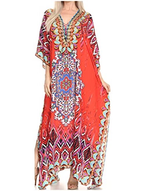 Sakkas Georgettina Flowy Rhinestone V Neck Long Caftan Dress/Cover Up