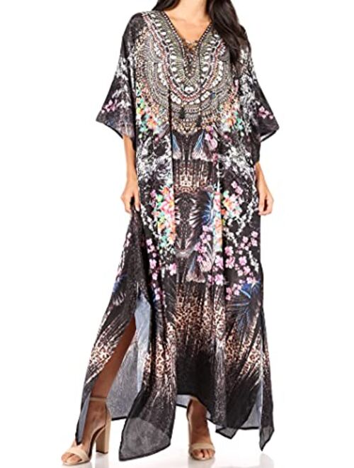 Sakkas Georgettina Flowy Rhinestone V Neck Long Caftan Dress/Cover Up