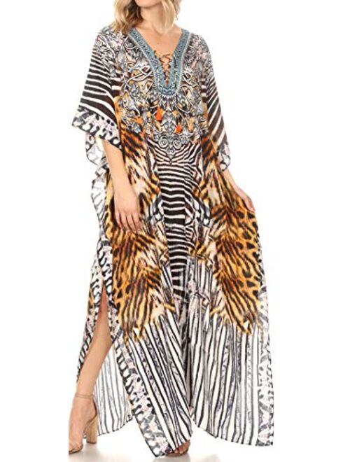 Sakkas Georgettina Flowy Rhinestone V Neck Long Caftan Dress/Cover Up