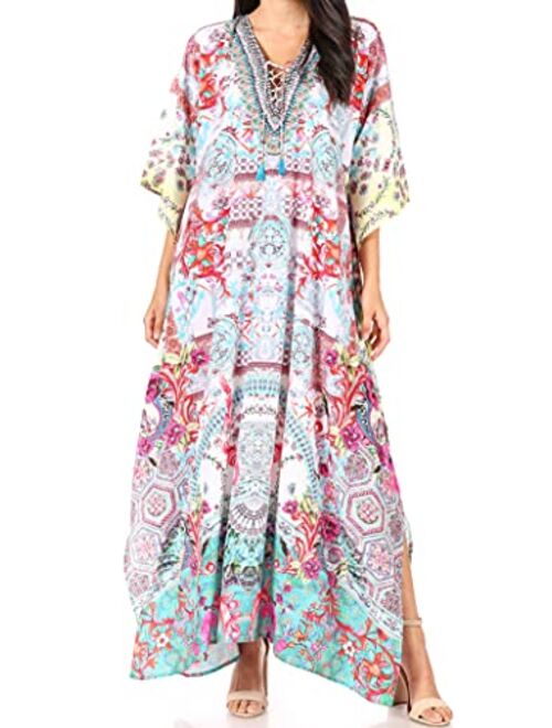 Sakkas Georgettina Flowy Rhinestone V Neck Long Caftan Dress/Cover Up