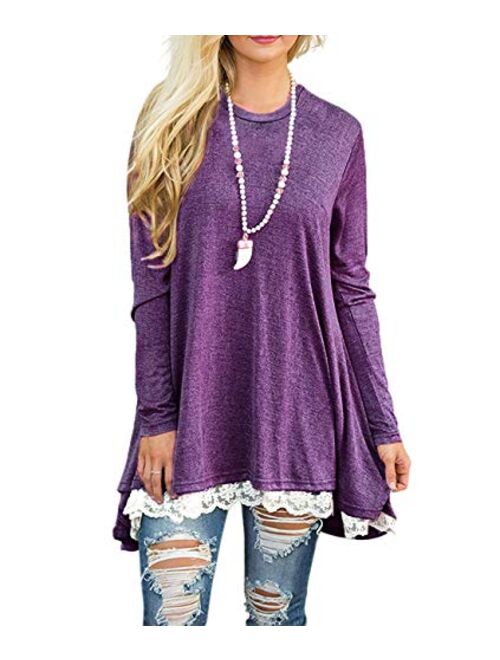 Women's Lace Tunic Top Sweatshirt Long/Short Sleeve Blouse A-Line Flowy T-Shirt Dress