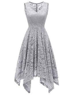 Meetjen Women's Elegant Floral Lace Sleeveless Handkerchief Hem Asymmetrical Cocktail Party Swing Dress