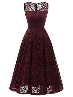 Meetjen Women's Elegant Floral Lace Sleeveless Handkerchief Hem Asymmetrical Cocktail Party Swing Dress