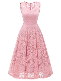 Meetjen Women's Elegant Floral Lace Sleeveless Handkerchief Hem Asymmetrical Cocktail Party Swing Dress