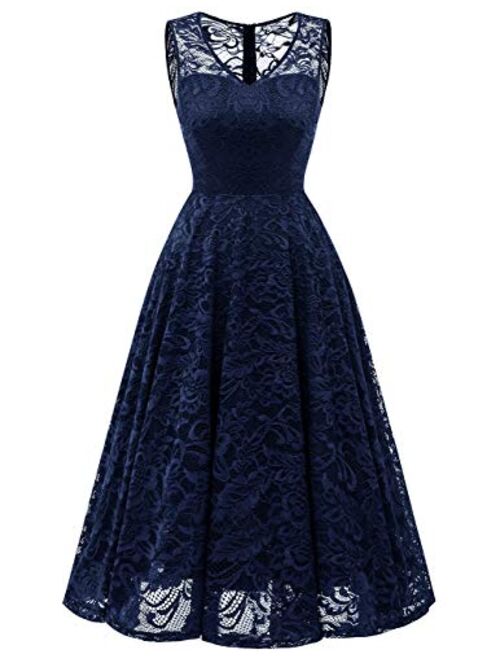 Meetjen Women's Elegant Floral Lace Sleeveless Handkerchief Hem Asymmetrical Cocktail Party Swing Dress