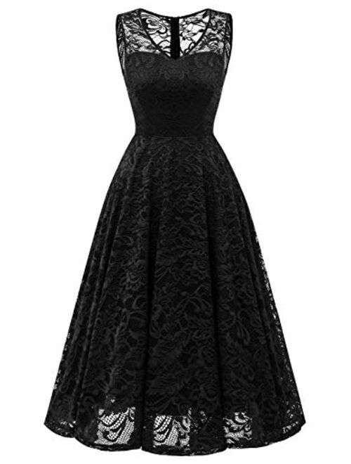 Meetjen Women's Elegant Floral Lace Sleeveless Handkerchief Hem Asymmetrical Cocktail Party Swing Dress