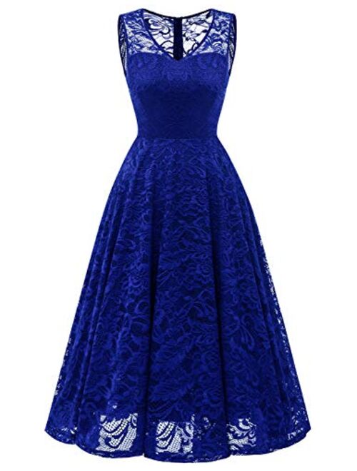 Meetjen Women's Elegant Floral Lace Sleeveless Handkerchief Hem Asymmetrical Cocktail Party Swing Dress