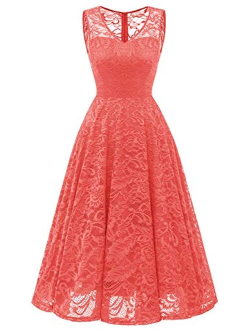 Meetjen Women's Elegant Floral Lace Sleeveless Handkerchief Hem Asymmetrical Cocktail Party Swing Dress