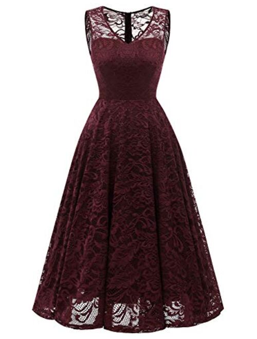 Meetjen Women's Elegant Floral Lace Sleeveless Handkerchief Hem Asymmetrical Cocktail Party Swing Dress