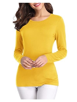 fuinloth Womens Basic Long Sleeve T Shirts, Crewneck Slim Fit Spandex Tops, Plain Layer Underscrub Tees