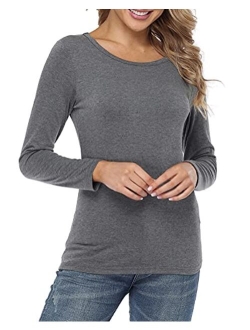 fuinloth Womens Basic Long Sleeve T Shirts, Crewneck Slim Fit Spandex Tops, Plain Layer Underscrub Tees