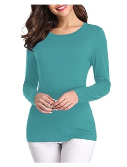 fuinloth Womens Basic Long Sleeve T Shirts, Crewneck Slim Fit Spandex Tops, Plain Layer Underscrub Tees