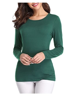 fuinloth Womens Basic Long Sleeve T Shirts, Crewneck Slim Fit Spandex Tops, Plain Layer Underscrub Tees