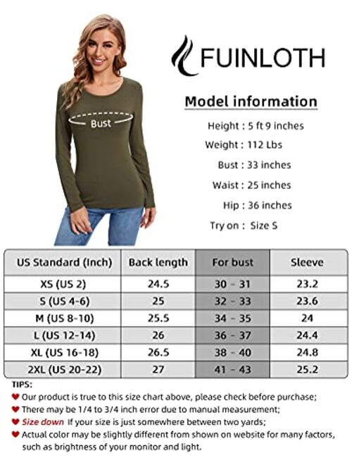 fuinloth Womens Basic Long Sleeve T Shirts, Crewneck Slim Fit Spandex Tops, Plain Layer Underscrub Tees