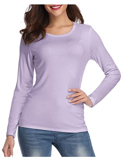 fuinloth Womens Basic Long Sleeve T Shirts, Crewneck Slim Fit Spandex Tops, Plain Layer Underscrub Tees