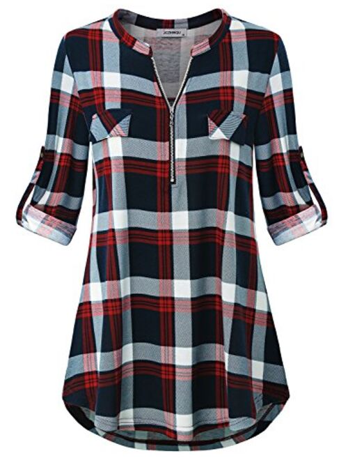 JCZHWQU Women's Zip Up V Neck 3/4 Rolled Sleeve Casual Tunic Shirt