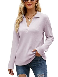 Famulily Womens Long Sleeve Tshirt V Neck Loose Fit Soft Waffle Knit Thermal Tops