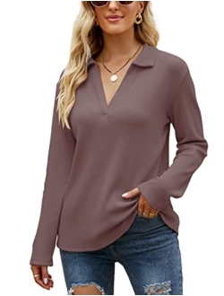 Famulily Womens Long Sleeve Tshirt V Neck Loose Fit Soft Waffle Knit Thermal Tops
