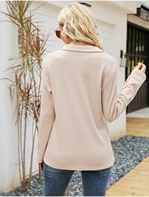 Famulily Womens Long Sleeve Tshirt V Neck Loose Fit Soft Waffle Knit Thermal Tops