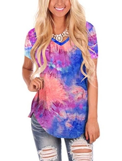 Women's Tie Dye V Neck Short Sleeve Casual Summer T-Shirt Tee Top