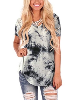 Women's Tie Dye V Neck Short Sleeve Casual Summer T-Shirt Tee Top