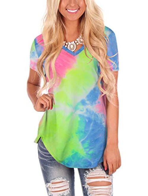 Women's Tie Dye V Neck Short Sleeve Casual Summer T-Shirt Tee Top