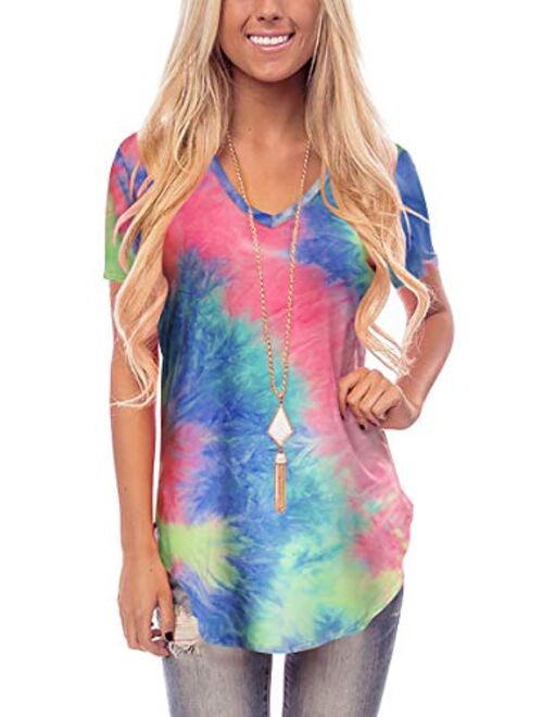 Women's Tie Dye V Neck Short Sleeve Casual Summer T-Shirt Tee Top