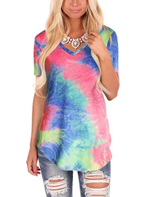 Women's Tie Dye V Neck Short Sleeve Casual Summer T-Shirt Tee Top