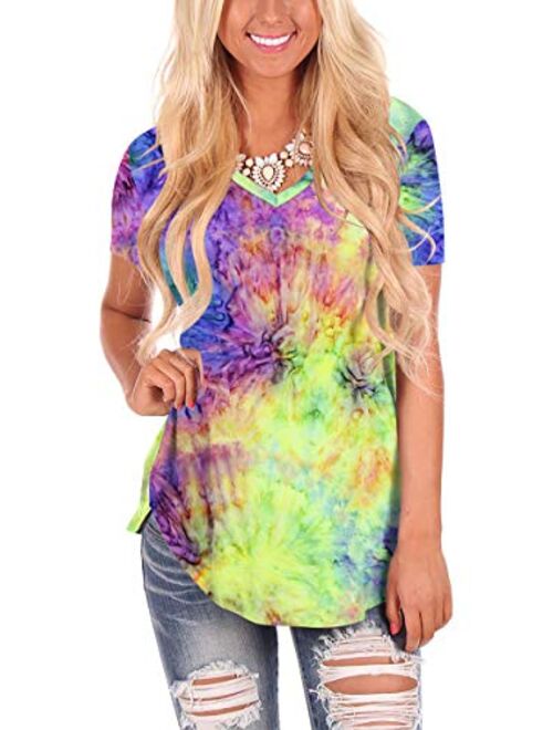 Women's Tie Dye V Neck Short Sleeve Casual Summer T-Shirt Tee Top