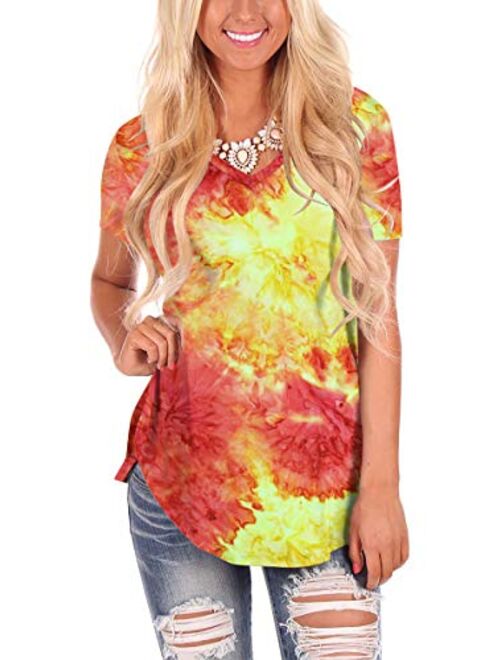 Women's Tie Dye V Neck Short Sleeve Casual Summer T-Shirt Tee Top