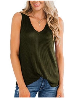 IWOLLENCE Womens Waffle Knit V Neck Tank Tops Summer Casual Sleeveless Shirts Loose Blouses